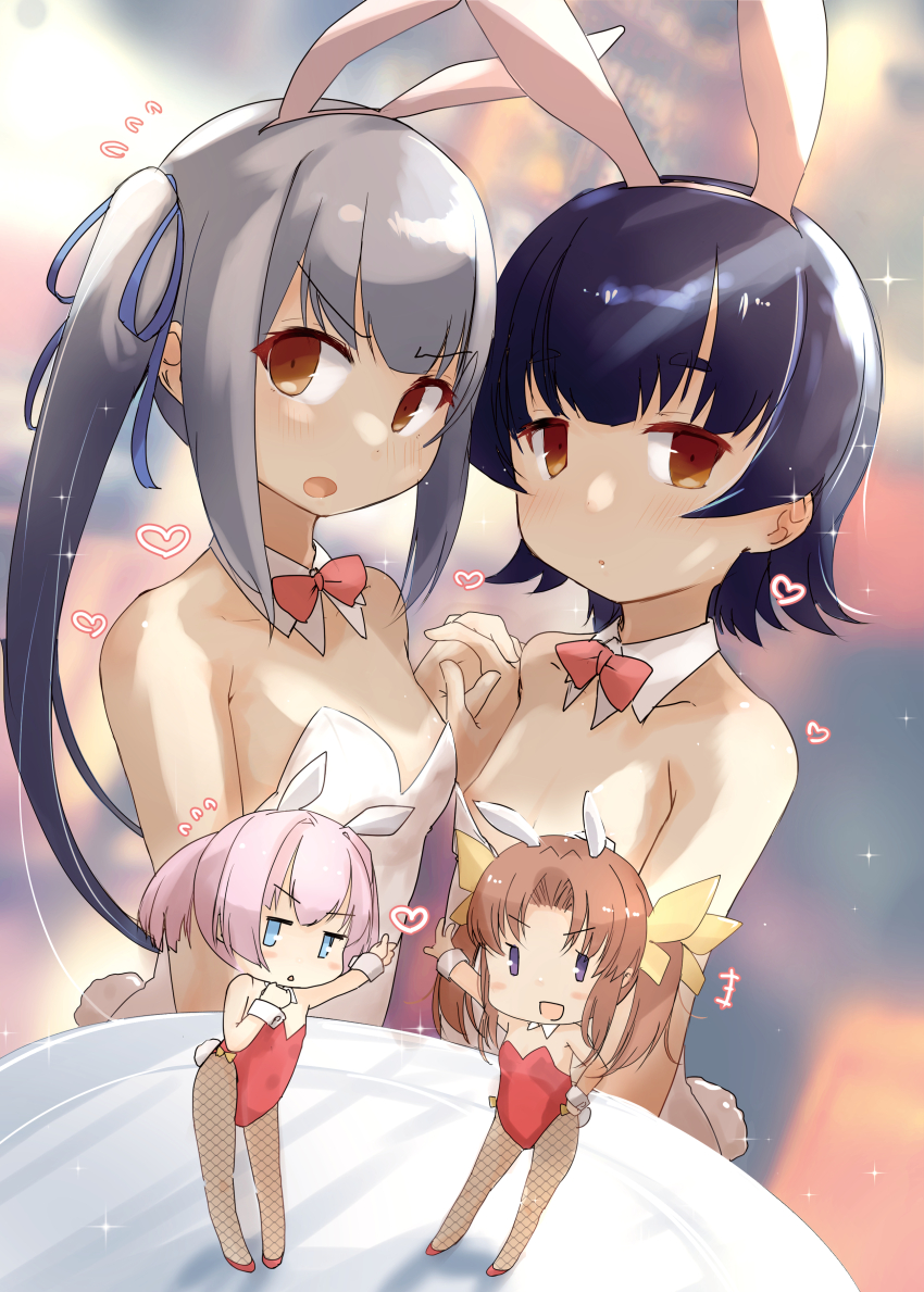 4girls absurdres animal_ears arare_(kancolle) black_hair bow bowtie brown_eyes chibi detached_collar fyuo grey_hair highres kagerou_(kancolle) kantai_collection kasumi_(kancolle) leotard mini_person minigirl multiple_girls pantyhose playboy_bunny rabbit_ears rabbit_tail red_bow red_bowtie red_leotard shiranui_(kancolle) short_hair side_ponytail strapless strapless_leotard tail upper_body white_leotard wrist_cuffs