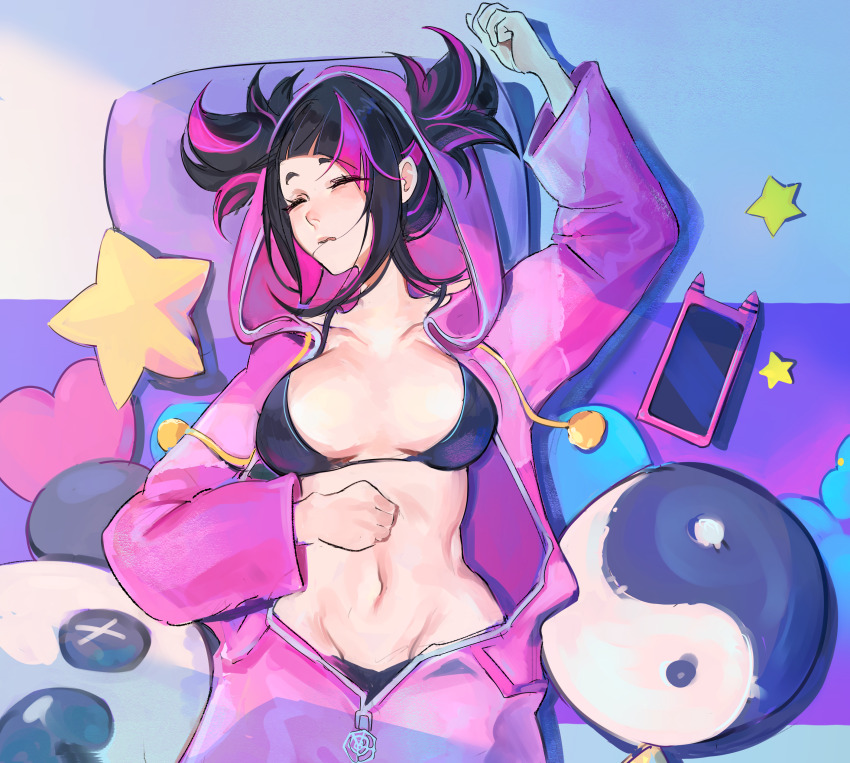 1girl absurdres black_bra black_hair bra cellphone closed_eyes from_above hair_through_hood han_juri highres multicolored_hair navel official_alternate_costume official_alternate_hairstyle onesie open_pajamas pajamas panties panty_peek phone pink_hair si_(sitisi_28) sleeping smartphone solo stomach street_fighter street_fighter_6 stuffed_animal stuffed_toy twintails underwear