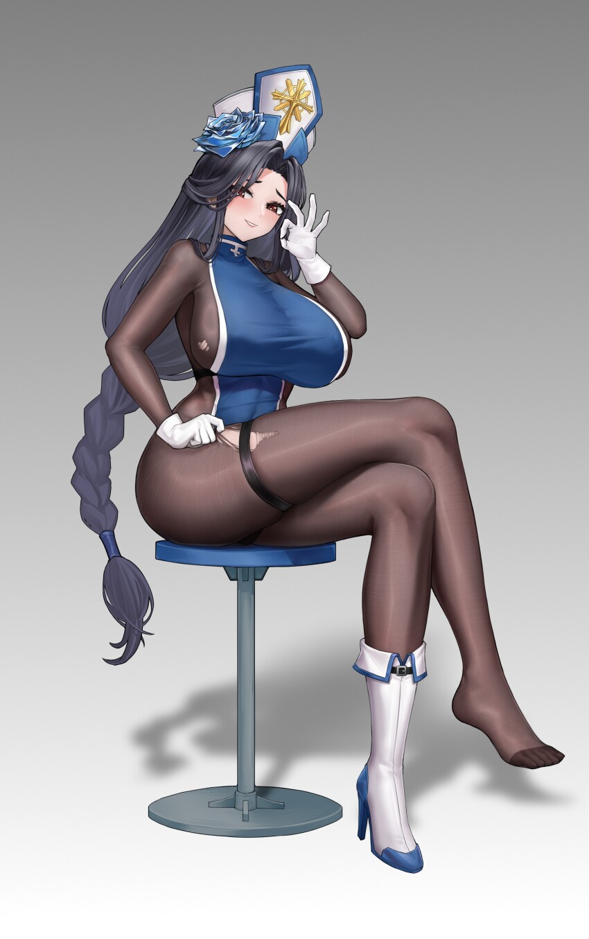 1girl absurdres black_hair blue_tabard bodystocking boots braid braided_ponytail breasts cross cross_earrings earrings full_body gloves goddess_of_victory:_nikke highres huahuademaomaotou huge_breasts ice_flower jewelry long_hair looking_at_viewer maiden_(ice_rose)_(nikke) maiden_(nikke) official_alternate_costume red_eyes single_boot sitting solo tabard thigh_strap torn_bodystocking torn_clothes very_long_hair white_gloves