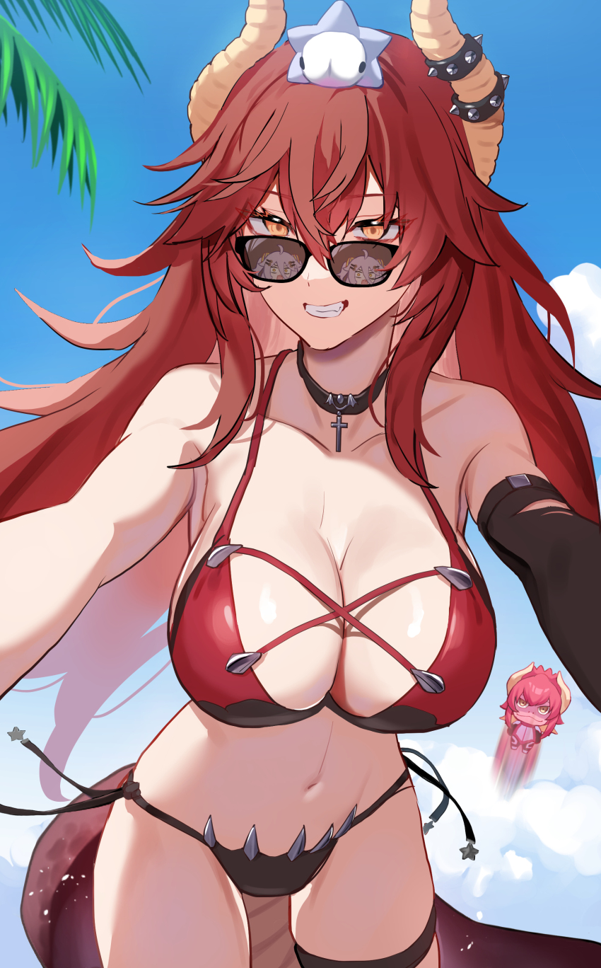 2girls absurdres bikini black_bikini black_choker black_gloves breasts character_request choker collarbone cross cross_choker dragon_girl dragon_horns dragon_tail elbow_gloves gecko_zen gen_8_pokemon glasses gloves henya_the_genius highres horns large_breasts multiple_girls navel nintendo palm_leaf pokemon pokemon_(creature) pov red_hair reflection snom swimsuit tail virtual_youtuber vshojo yellow_eyes zen8ze zentreya