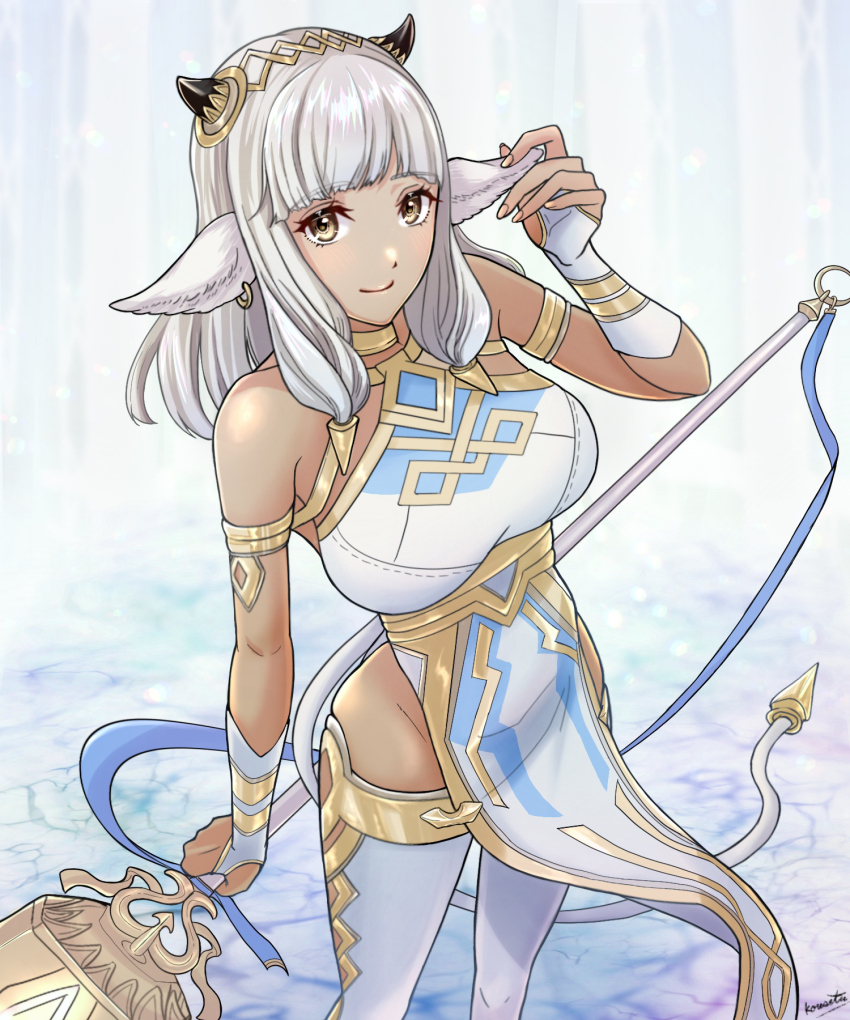1girl animal_ears ash_(fire_emblem) bare_shoulders black_horns blunt_bangs breasts brown_eyes closed_mouth commentary_request cow_ears cow_girl cow_horns cow_tail dark-skinned_female dark_skin fire_emblem fire_emblem_heroes gold_trim grey_hair hair_ornament highres holding holding_polearm holding_weapon horns kousetu0506 large_breasts long_hair looking_at_viewer nintendo no_panties pelvic_curtain polearm smile solo tail weapon