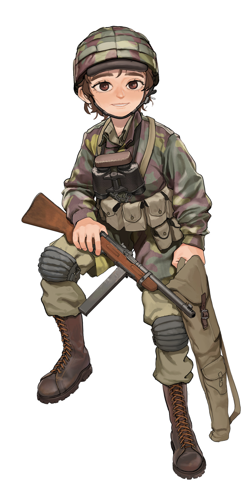 1girl absurdres ammunition_pouch beretta_model_38 binoculars boots brown_boots brown_eyes brown_hair camouflage camouflage_headwear camouflage_jacket combat_boots combat_helmet full_body gun helmet highres holding holding_gun holding_weapon italian_army italian_commentary italy jacket knee_pads korean_commentary lace-up_boots load_bearing_equipment long_sleeves looking_at_viewer magazine_(weapon) military military_combat_uniform military_fatigues military_uniform mixed-language_commentary original pants paratrooper pouch rifleman1130 short_hair simple_background sitting smile soldier solo submachine_gun teeth weapon white_background world_war_ii