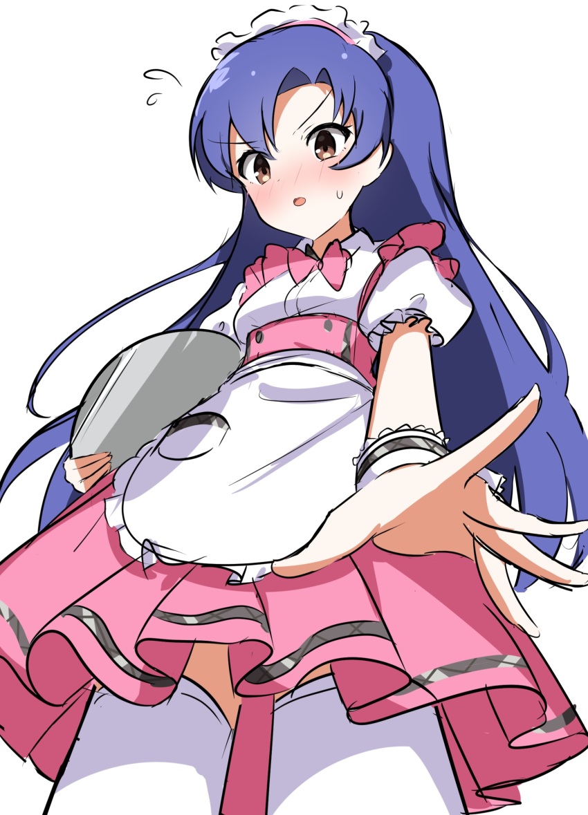 1girl absurdres alternate_costume apron blue_hair blush bow bowtie breasts brown_eyes candy36544 commentary cowboy_shot dress enmaided flying_sweatdrops frilled_apron frills from_below highres holding holding_tray idolmaster idolmaster_(classic) idolmaster_million_live! idolmaster_million_live!_theater_days kisaragi_chihaya long_hair looking_at_viewer maid maid_apron maid_headdress official_alternate_costume open_mouth perspective pink_bow pink_bowtie pink_dress pretty_waitress_(idolmaster) puffy_short_sleeves puffy_sleeves short_sleeves simple_background small_breasts solo standing sweatdrop symbol-only_commentary thighhighs tray waist_apron waitress white_apron white_background white_headdress white_thighhighs white_wrist_cuffs wrist_cuffs