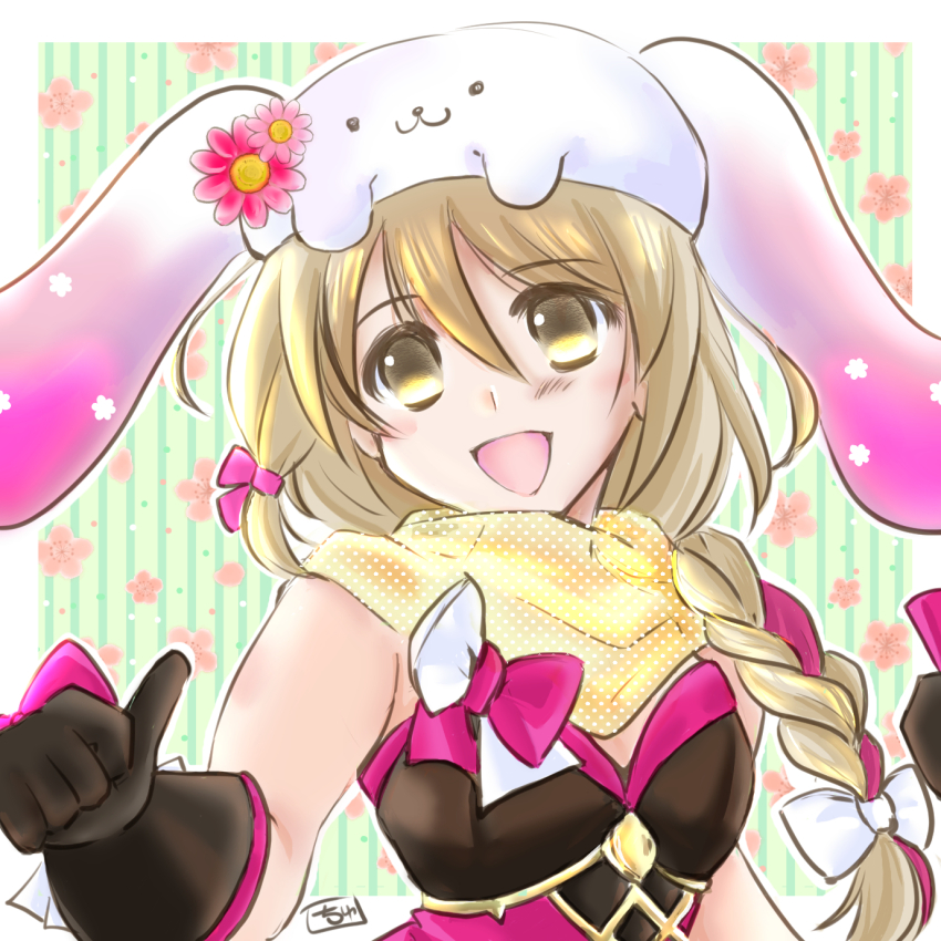 1girl animal_hat blonde_hair braid braided_ponytail brown_gloves chuchi_suko easter expressive_clothes fire_emblem fire_emblem_engage fire_emblem_heroes flower_ornament framme_(fire_emblem) framme_(spring)_(fire_emblem) gloves hair_over_shoulder hat highres nintendo official_alternate_costume polka_dot polka_dot_scarf rabbit_hat scarf solo yellow_eyes yellow_scarf