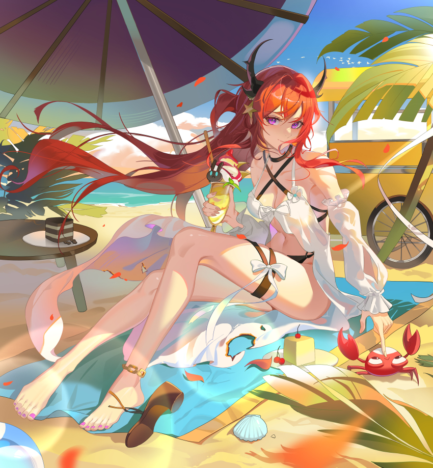 1girl absurdres arknights barefoot beach beach_umbrella bikini black_bikini black_choker black_horns blue_sky blurry breasts cake choker clam_shell cleavage crab criss-cross_halter cup depth_of_field food full_body hair_ornament halterneck highres holding holding_cup horns ice_cream index_finger_raised lingdu_han long_hair looking_at_viewer medium_breasts nail_polish ocean official_alternate_costume outdoors palm_tree purple_eyes red_hair shoes sitting sky solo star_(symbol) star_hair_ornament sundae surtr_(arknights) surtr_(colorful_wonderland)_(arknights) swimsuit toenail_polish toenails tree umbrella unworn_shoes
