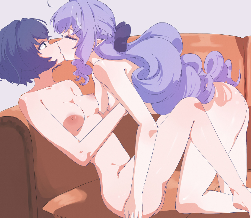 2girls belle_(zenless_zone_zero) blue_hair braid breasts closed_eyes commentary_request completely_nude couch grey_background half_up_braid highres kiss long_hair medium_breasts mole mole_under_eye multiple_girls nipples nude on_couch pointy_ears purple_hair short_hair simple_background vivian_banshee yuri yuriyurisuki zenless_zone_zero