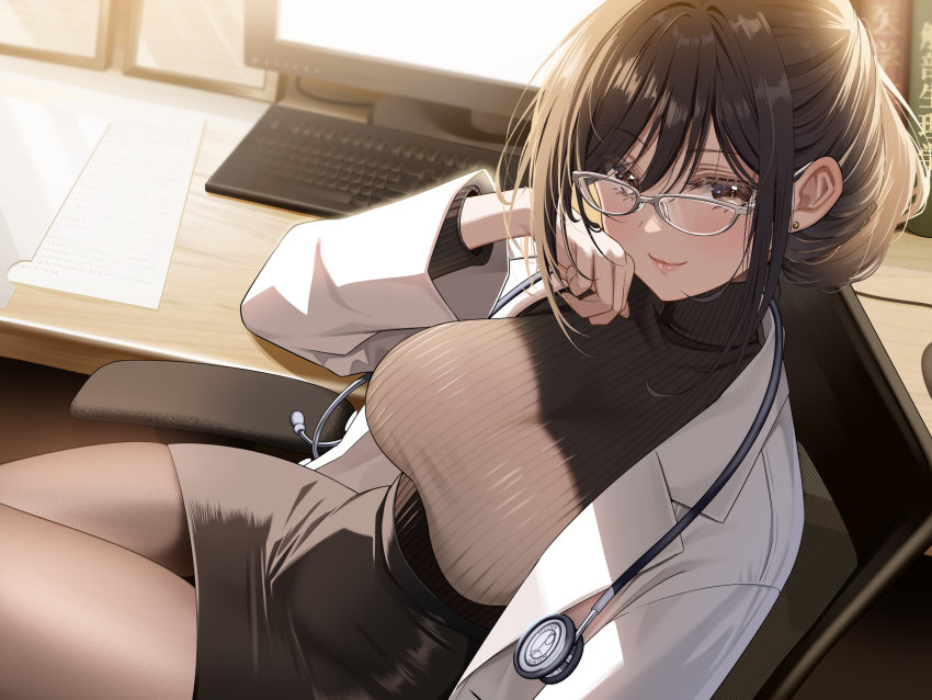 1girl backlighting black_hair black_skirt black_sweater breasts brown_eyes brown_pantyhose chair closed_mouth coat computer glasses hand_up highres large_breasts long_sleeves looking_at_viewer looking_over_eyewear miniskirt on_chair open_clothes open_coat original pantyhose pencil_skirt piyopoyo ribbed_sweater short_hair sitting skirt smile solo stethoscope sweater sweater_tucked_in taut_sweater white-framed_eyewear white_coat