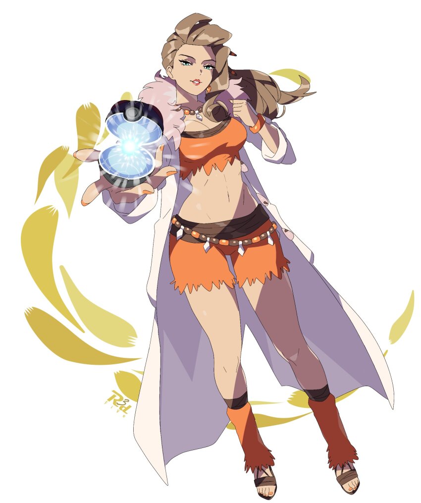 1girl absurdres blue_eyes bracelet breasts cleavage earrings female_focus full_body highres jewelry lab_coat large_breasts leg_warmers lipstick long_hair looking_at_viewer makeup nail_polish navel necklace nintendo poke_ball pokemon pokemon_sv r3dfive sada_(pokemon) sandals solo toenail_polish toenails toes