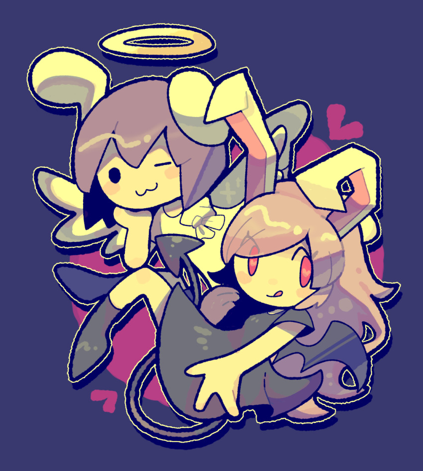 2girls :3 :q alternate_costume angel angel_and_devil animal_ears black_dress black_footwear black_wings blue_background blush boots closed_mouth commentary_request cookie_(touhou) demon_girl demon_tail demon_wings dress fake_hisui_(cookie) full_body halo heart highres hisui_(cookie) long_hair looking_at_viewer multiple_girls mumutazu_maharu one_eye_closed purple_hair rabbit_ears rabbit_girl red_eyes reisen_udongein_inaba short_hair simple_background smile solid_circle_eyes swept_bangs tail tongue tongue_out touhou traditional_halo very_long_hair white_dress white_wings wings yellow_halo