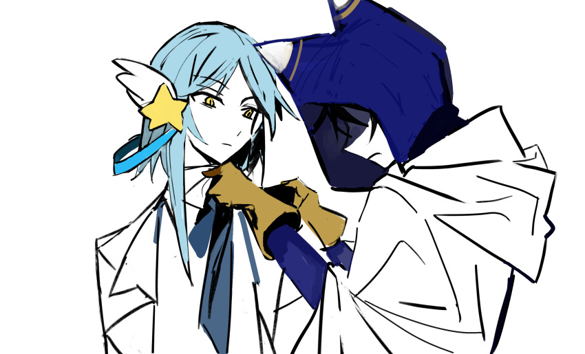 2boys adjusting_another&#039;s_clothes adjusting_bowtie animal_ear_hood black_hair blue_bow blue_bowtie blue_hair blue_hood blue_ribbon blue_sleeves bow bowtie chinese_commentary closed_mouth coat coattails collared_shirt commentary_request expressionless fake_animal_ears frown gloves hair_ornament hair_ribbon highres hood hood_down hooded_robe humanization kirby_(series) lab_coat layered_sleeves long_sleeves looking_at_another lor_starcutter magolor male_focus multiple_boys nintendo no_eyes open_clothes open_coat personification ribbon robe shaded_face shirt shooting_star_hair_ornament short_hair short_hair_with_long_locks simple_background star_(symbol) star_hair_ornament tiankong_yiji upper_body white_background white_coat white_hood white_robe white_shirt white_sleeves wide_sleeves yellow_eyes yellow_gloves