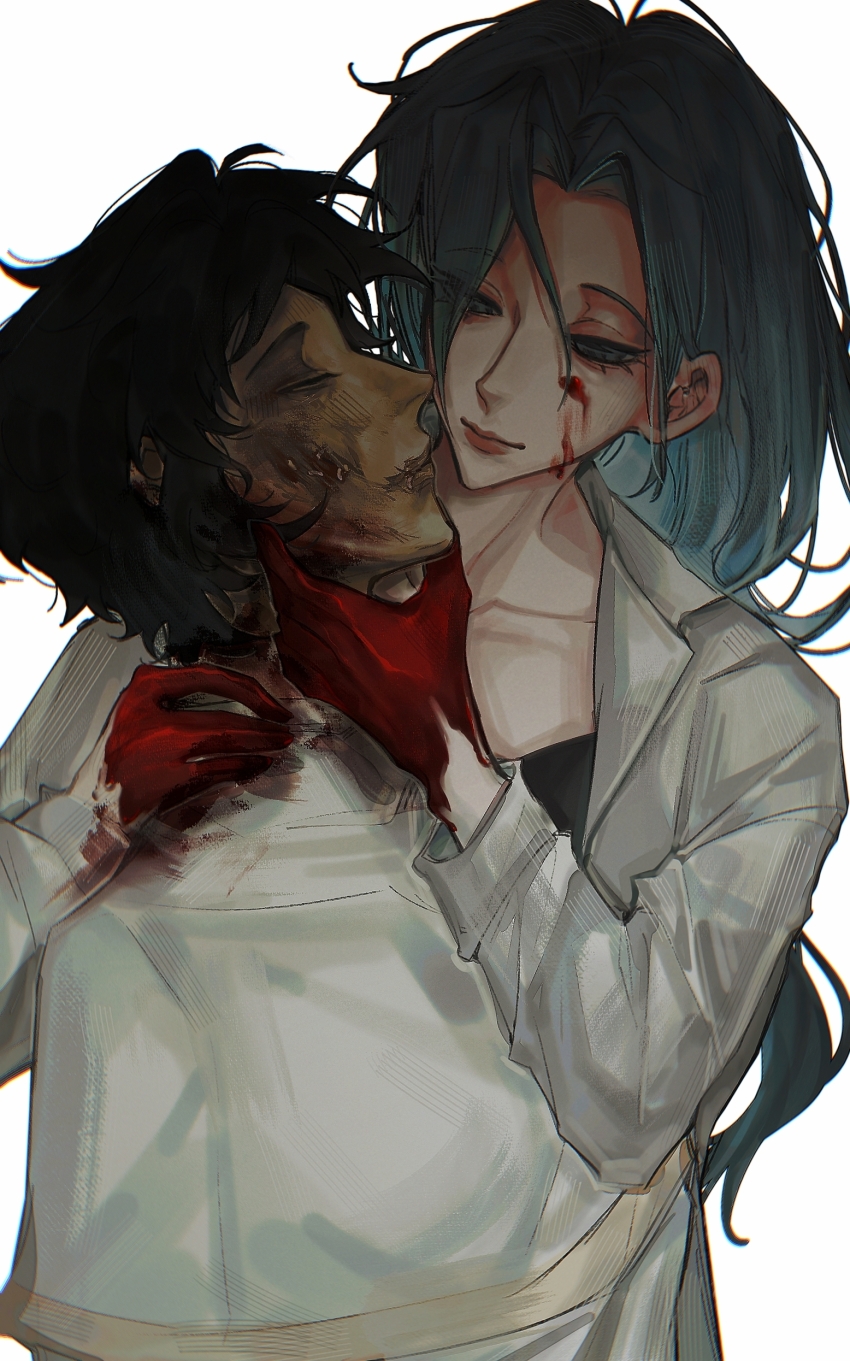 2girls absurdres black_hair black_shirt blood blood_on_face blood_on_hands blue_eyes blue_hair capelet chinese_commentary closed_eyes closed_mouth collarbone commentary_request corpse enomoto_noa gold_trim hand_on_another&#039;s_shoulder highres isoi_rai jacket long_hair long_sleeves multiple_girls open_clothes open_jacket saibou_shinkyoku shirt short_hair simple_background sputniklover-1 white_background white_jacket white_shirt