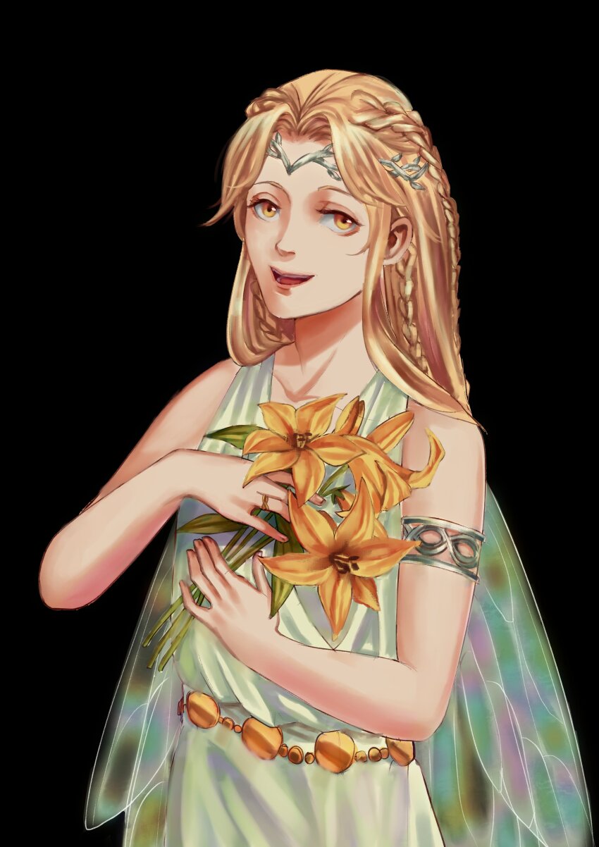 1boy absurdres armlet blonde_hair braid circlet elden_ring flower gold_belt green_tunic highres holding holding_flower holding_to_chest insect_wings iridescent jewelry lily_(flower) long_hair looking_at_viewer miquella_(elden_ring) multiple_braids pkbth ring silver_circlet sleeveless_tunic smile tunic wings yellow_eyes