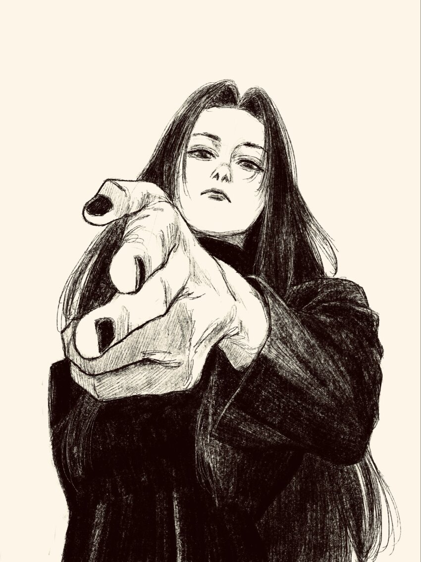 black_hair black_nails from_below greyscale highres long_hair monochrome original pointing pointing_at_viewer reaching reaching_towards_viewer tp_p_pt very_long_hair white_background