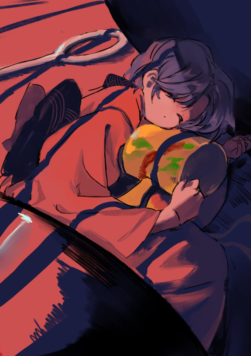 1girl ama_asagi black_bow bow bowl clenched_hands closed_eyes feet_out_of_frame fetal_position highres in_bowl in_container japanese_clothes kimono long_sleeves lying mallet mini_person minigirl miracle_mallet needle needle_sword obi hugging_object on_side one-hour_drawing_challenge open_mouth pink_kimono purple_hair sash short_hair simple_background sleeping solo sukuna_shinmyoumaru touhou wide_sleeves
