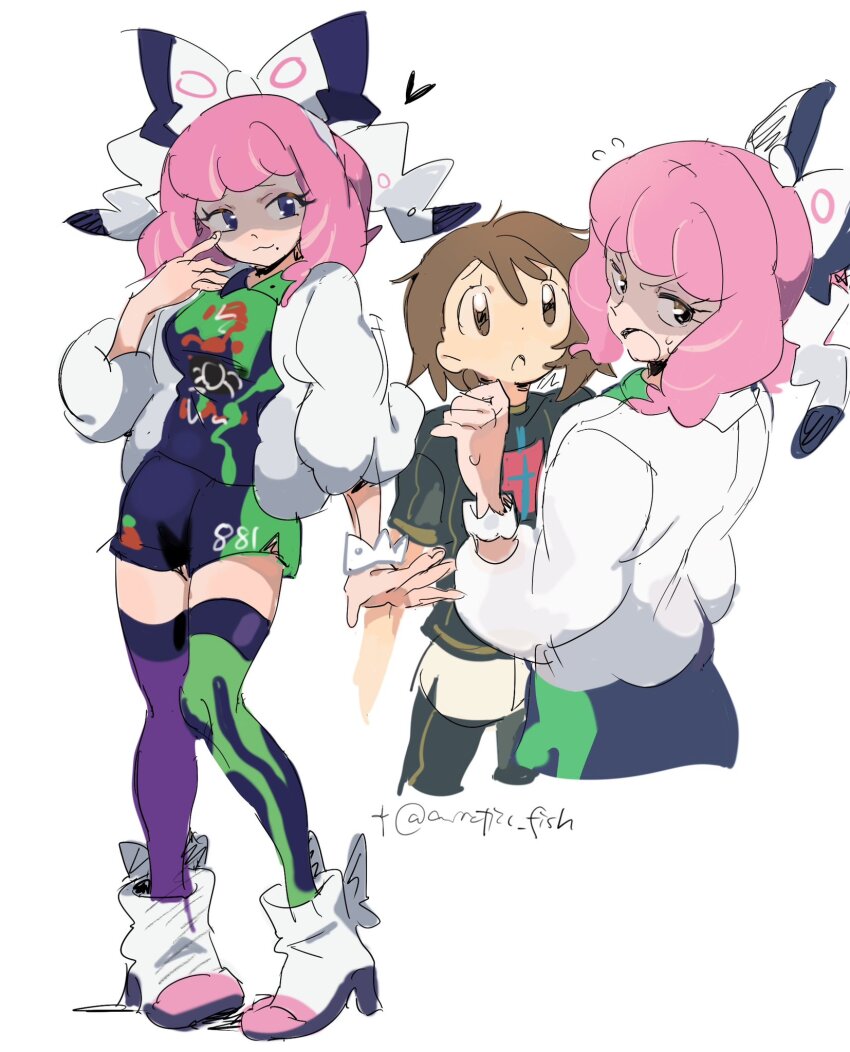 2girls :3 arrcticc_fish asymmetrical_legwear averting_eyes black_pantyhose black_shirt boots bow breasts brown_eyes brown_hair champion_uniform creatures_(company) eyelashes eyeshadow flipped_hair full_body fur_jacket furrowed_brow game_freak gloria_(pokemon) hair_bow hairband hand_to_own_mouth hand_up highres jacket klara_(pokemon) looking_at_another makeup mismatched_legwear mole mole_under_mouth multiple_girls nintendo no_sclera official_alternate_costume open_mouth pantyhose pink_hair pokemon pokemon_swsh print_shorts purple_eyes shirt short_hair shorts side_slit side_slit_shorts smile solo_focus standing sweatdrop v-shaped_eyebrows white_boots white_hairband white_shorts