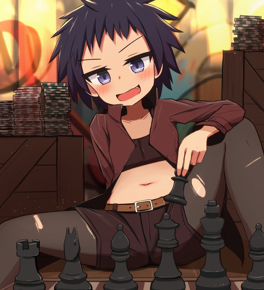 1girl advance_wars belt black_hair black_pantyhose black_shorts blue_eyes blush board_game chess chess_piece crate cropped_jacket fang female_focus highres lash_(advance_wars) midriff navel nintendo open_mouth pantyhose poker_chip short_hair short_shorts shorts sitting solo spread_legs tai_ichi tomboy torn_clothes torn_pantyhose