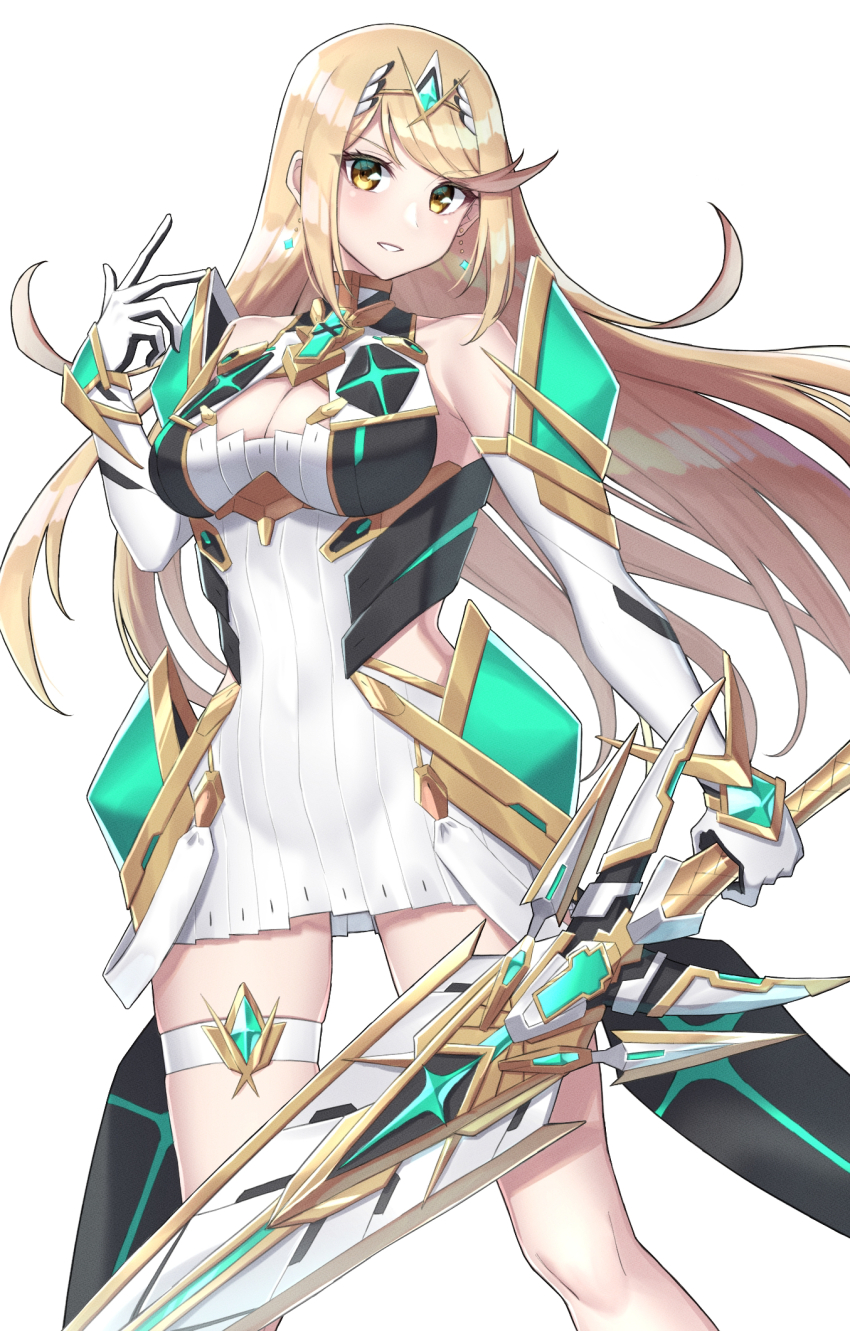 1girl aegis_sword_(xenoblade) bare_legs bare_shoulders blonde_hair breasts chest_jewel cleavage cleavage_cutout clothing_cutout commentary_request dress earrings elbow_gloves gloves highres jewelry large_breasts long_hair mythra_(xenoblade) shinae short_dress solo swept_bangs thigh_strap tiara very_long_hair white_dress white_gloves xenoblade_chronicles_(series) xenoblade_chronicles_2 yellow_eyes