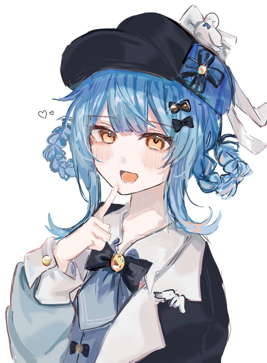 1girl bird black_bow black_bowtie black_capelet black_hat blue_hair blue_hat blue_necktie blush bow bowtie braid braided_hair_rings capelet collarbone collared_shirt deerstalker double-parted_bangs finger_to_mouth hair_ornament hair_rings hand_up hat hat_bow hat_ribbon heart highres index_finger_raised long_sleeves mahou_shoujo_no_majo_saiban medium_hair mirin_(mir1n0) multicolored_hat necktie open_mouth orange_eyes ribbon shirt simple_background solo tachibana_sherry upper_body white_background white_bird white_bow white_ribbon wing_ornament