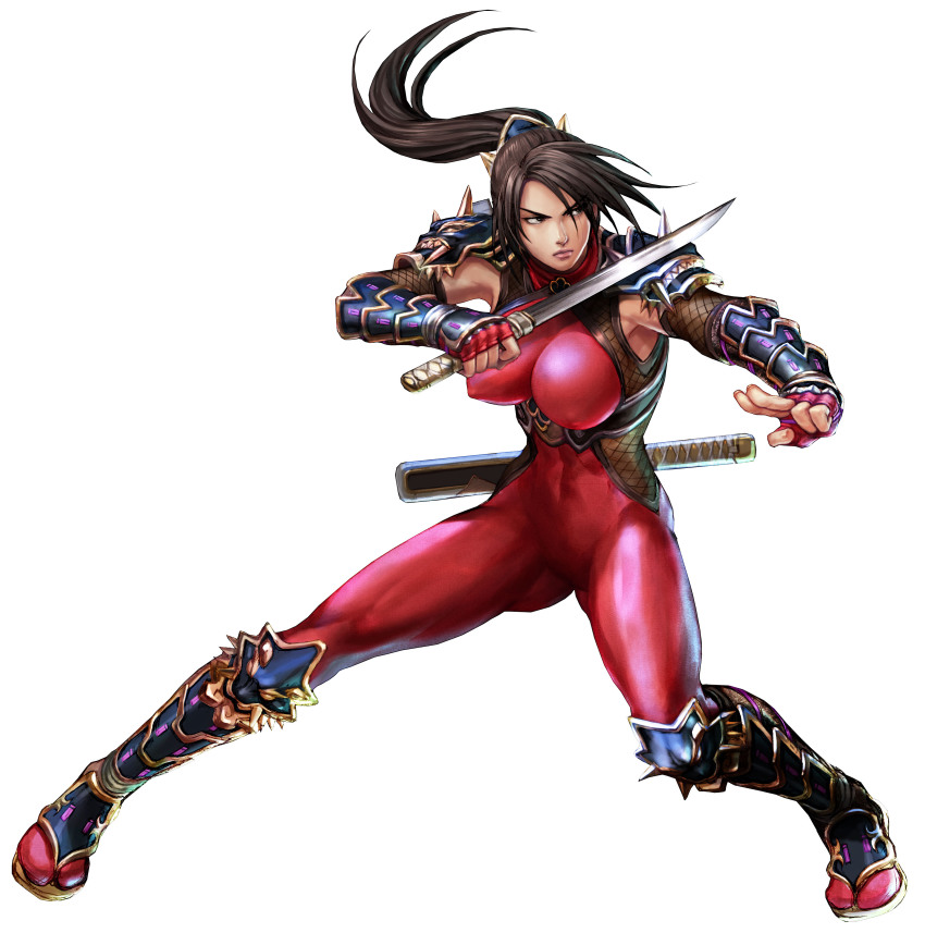 1girl abs absurdres angry armor armored_boots armpits ass bad_anatomy black_eyes black_hair bodysuit bodysuit_under_armor boots breasts cleavage covered_erect_nipples covered_navel curvy dagger female_focus fighting_stance fingerless_gloves fishnet_armwear fishnets frown furrowed_brow gauntlets geta gloves gluteal_fold hair_ornament highres hip_vent impossible_clothes kawano_takuji knife kuji-in ninja large_breasts linea long_hair looking_to_the_side mature_female muscular_legs navel ninja official_art oni ponytail pursed_lips red_bodysuit red_gloves sandals sanpaku sheath shoulder_armor simple_background skin_tight solo soul_calibur soulcalibur soulcalibur_iv spiked_shoulder_pads sword taki_(soulcalibur) tanto taut_clothes thick_thighs thighs toned toned_female toned_stomach wakizashi weapon wide_hips wide_stance