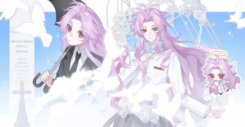 1boy absurdres angel_wings bird birdcage black_jacket black_necktie cage capelet character_name chibi chinese_commentary closed_mouth coat collared_shirt commentary_request curtained_hair dove english_text expressionless flower halo hand_on_own_chest haoe_(157876) hatsutori_hajime highres holding holding_umbrella jacket long_hair long_sleeves male_focus multiple_views necktie official_alternate_costume pink_hair red_eyes rose saibou_shinkyoku shirt sidelocks smile spoilers typo umbrella very_long_hair white_capelet white_coat white_flower white_jacket white_rose white_shirt white_wings wings