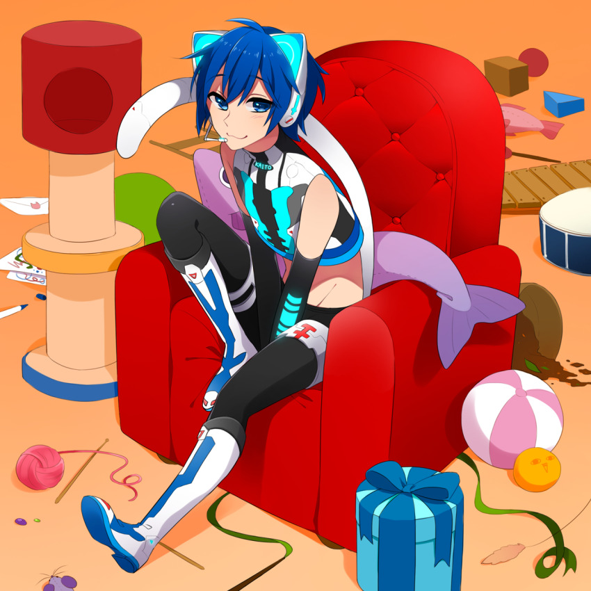 1boy :3 animal_ear_headphones animal_ears armchair ball beachball black_pants blue_eyes blue_hair blue_ribbon boots cat_ear_headphones cat_ears cat_teaser chair character_name commentary crop_top detached_sleeves dirt drum fake_animal_ears fish-shaped_pillow full_body gift gloves green_ribbon hair_between_eyes headphones highres instrument kaito_(vocaloid) knee_boots knee_up letter looking_at_viewer male_focus marker midriff navel kaito_(neko_cyber)_(vocaloid) on_chair orange_background pants pillow ribbon shio_ice short_hair sitting spill thigh_strap toy toy_mouse vocaloid white_footwear white_tail xylophone yarn yarn_ball