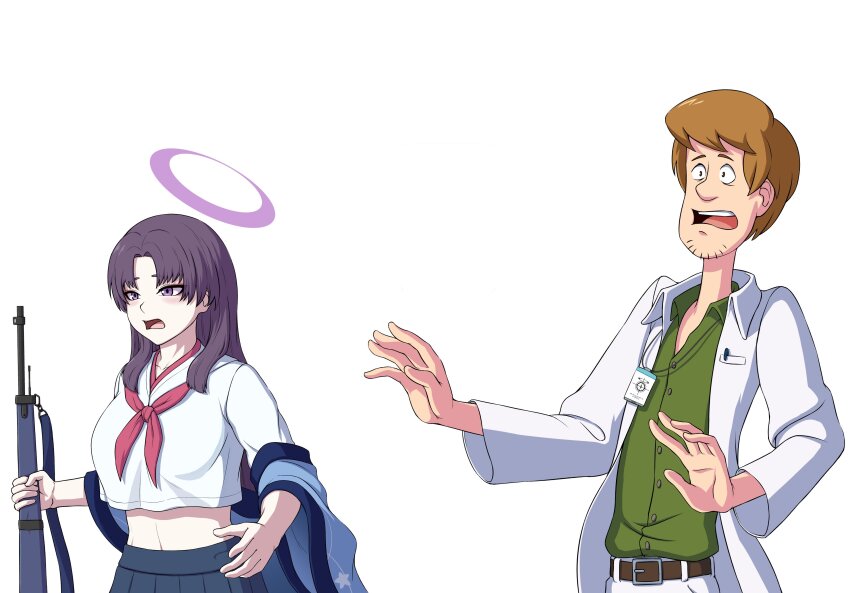 1boy 1girl absurdres arisaka art_shift blue_archive bolt_action commentary crossover english_commentary facial_hair gun halo highres holding holding_gun holding_weapon lab_coat lanyard long_hair long_sleeves nightingery official_alternate_costume parted_bangs purple_hair rifle schale_logo school_uniform scooby-doo sensei_(blue_archive) serafuku shaggy_rogers short_hair sidelocks stubble surprised upper_body weapon white_background wide_sleeves yukari_(blue_archive)