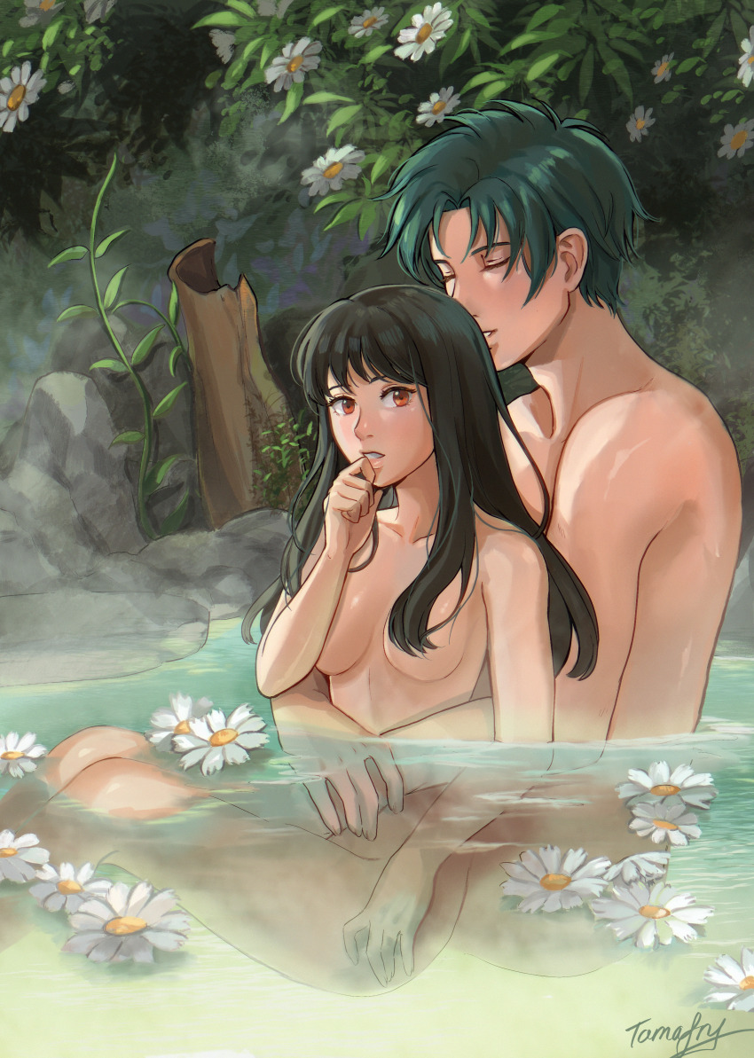 1boy 1girl absurdres arms_around_waist astrid_(fire_emblem) black_hair breasts closed_eyes commission commissioner_upload completely_nude convenient_censoring fire_emblem fire_emblem:_radiant_dawn highres looking_back medium_breasts nervous nintendo non-web_source nude onsen sitting sothe_(fire_emblem) tamafry water
