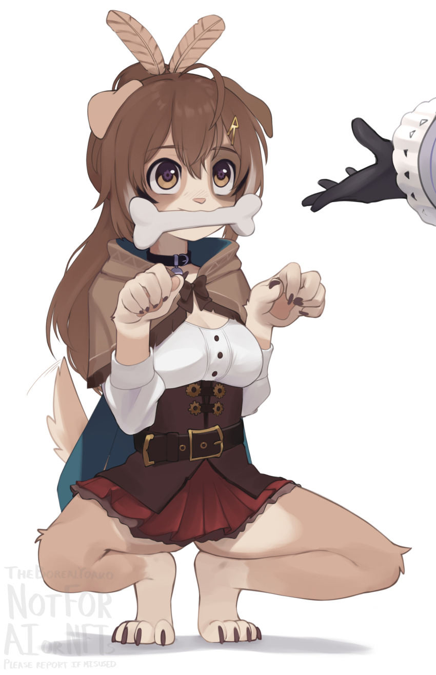 2girls absurdres animal_ears barefoot bone bone_hair_ornament breasts brown_eyes brown_hair collar dog dog_ears dog_girl dog_tail feather_hair_ornament feathers feet full_body furrification furry furry_female gloves hair_ornament highres hololive hololive_english long_hair looking_at_viewer medium_breasts mouth_hold multiple_girls nanashi_mumei nanashi_mumei_(1st_costume) open_mouth paw_pose simple_background skirt solo_focus squatting tail virtual_youtuber white_background yoako