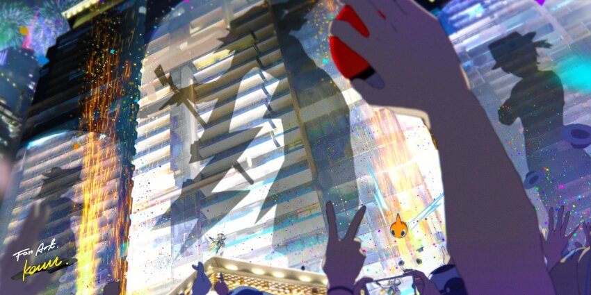 1girl audience cane concert electric_miku_(project_voltage) electricity fireworks gen_4_pokemon hat hatsune_miku highres holding holding_cane lightning_bolt_symbol long_hair nintendo poke_ball pokemon project_voltage rotom rotom_(normal) shadow siirakannu stage very_long_hair vocaloid