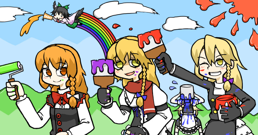 5girls arm_cannon azusa_(cookie) black_coat black_gloves black_vest blonde_hair blue_bow blue_sky blush bow bowtie braid bseibutsu buttons closed_mouth cloud coat commentary_request cookie_(touhou) gloves grin hair_between_eyes hair_bow holding holding_paint_roller holding_paintbrush kirisame_marisa long_hair long_sleeves mars_(cookie) multiple_girls nadeko_(cookie) one_eye_closed open_mouth orange_eyes orange_hair paint paint_can paint_roller paintbrush partially_fingerless_gloves petticoat purple_bow rainbow red_bow red_bowtie red_scarf rei_(cookie) reiuji_utsuho scarf shaded_face shirt side_braid single_braid sky smile touhou upper_body uzuki_(cookie) vest weapon white_bow white_shirt wings yellow_eyes