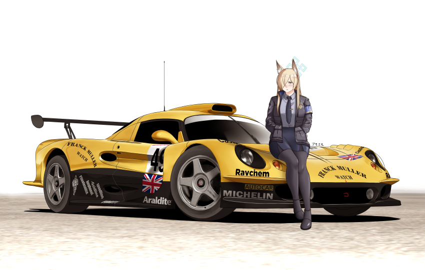 1girl absurdres amoemo animal_ear_fluff animal_ears armband black_necktie blonde_hair blue_archive blue_armband blue_eyes blue_halo blue_shirt blush breasts car dog_ears dog_girl hair_over_one_eye halo hands_in_pockets highres jacket kanna_(blue_archive) long_hair long_sleeves looking_at_viewer lotus_(brand) lotus_elise_gt1 motor_vehicle necktie notched_ear pencil_skirt police police_badge police_uniform policewoman race_vehicle racecar radio_antenna shirt skirt solo spoiler_(automobile) sports_car union_jack