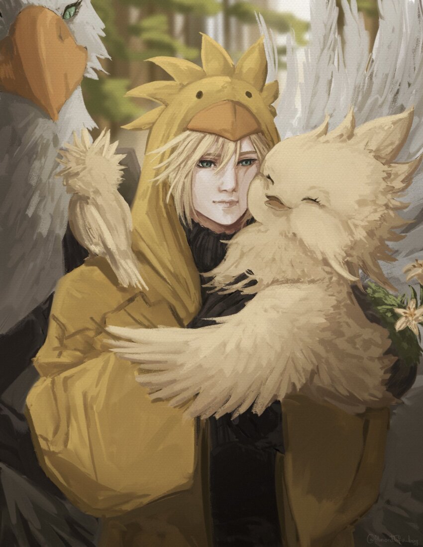 1boy almondtofu_boy animal beak bird bird_hood blonde_hair blue_eyes chocobo chocobo_costume cloud_strife commentary cosplay english_commentary feathers final_fantasy final_fantasy_vii final_fantasy_vii_remake highres holding holding_animal holding_bird hood male_focus mascot_costume short_hair spiked_hair turtleneck yellow_feathers yellow_hood yellow_wings