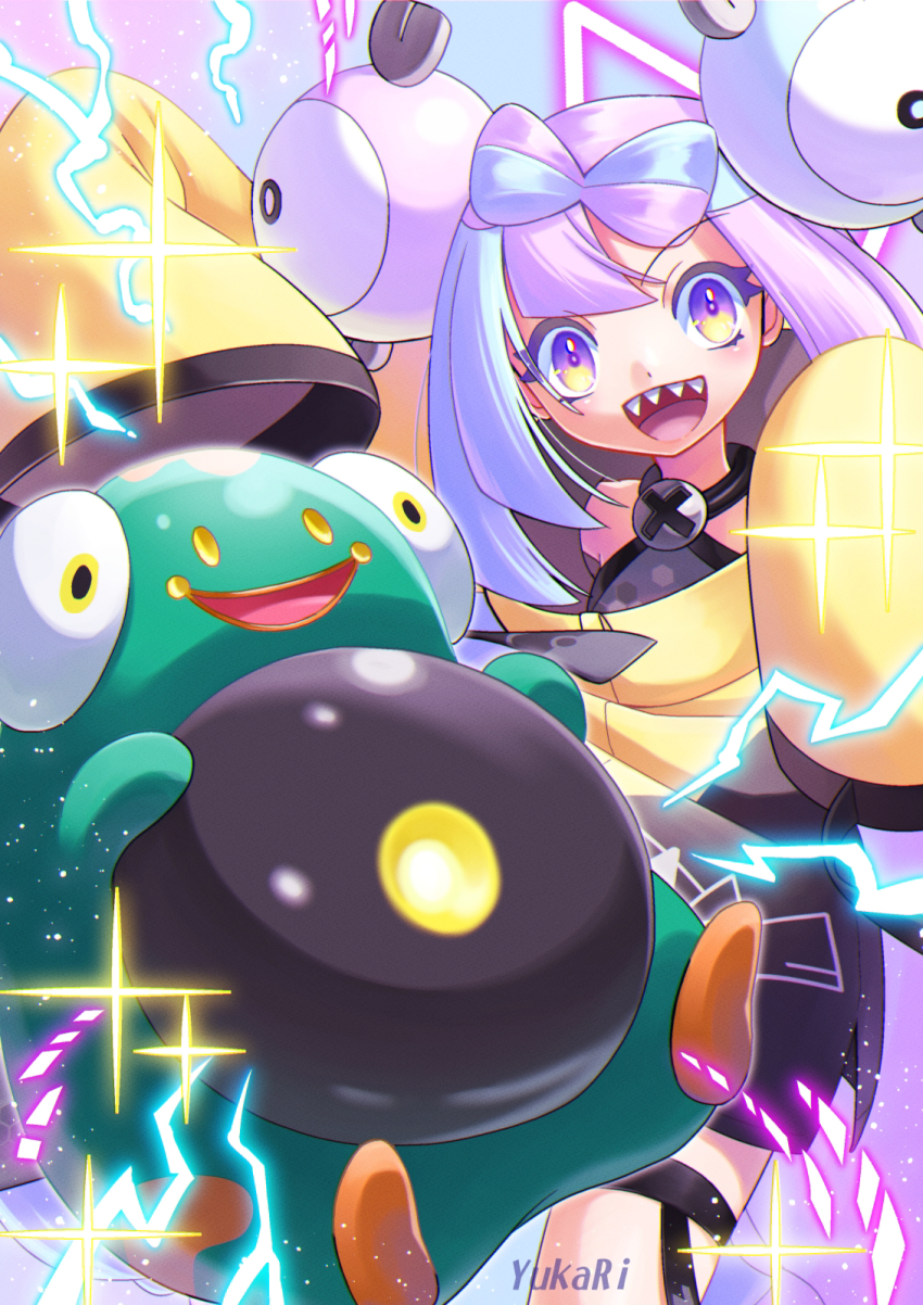 bellibolt bow-shaped_hair character_hair_ornament grey_pantyhose hair_ornament hexagon_print highres iono_(pokemon) jacket long_hair long_sleeves low-tied_long_hair multicolored_hair nintendo oversized_clothes pantyhose pokemon pokemon_sv sharp_teeth single_leg_pantyhose sleeves_past_fingers sleeves_past_wrists split-color_hair teeth very_long_sleeves yellow_jacket yukari_(yukari21653710)