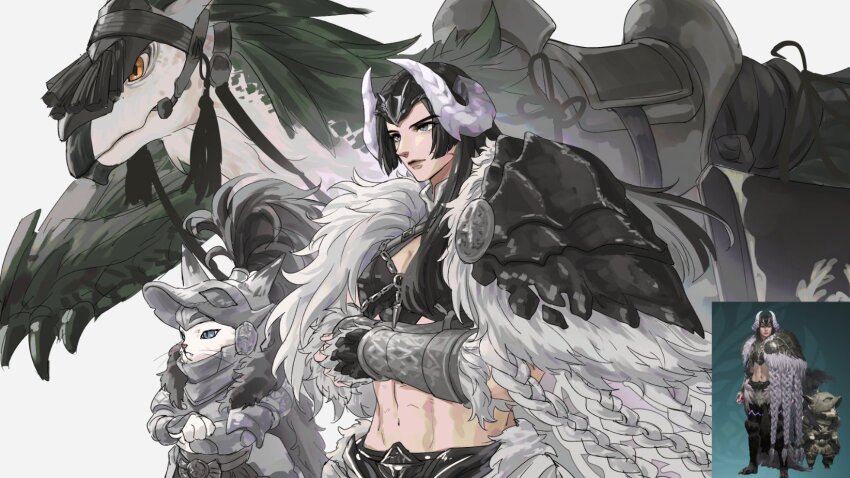 1girl abs arkveld arkveld_(armor) armor black_hair blue_eyes breasts cleavage cloak crossed_arms fake_horns felyne fur-trimmed_cloak fur_trim gore_magala_(armor) grey_eyes helmet highres horned_helmet horns kurokawa_karasu long_hair medium_breasts midriff monster_hunter_(character) monster_hunter_(series) monster_hunter_wilds navel orange_eyes shoulder_armor upper_body white_background white_fur