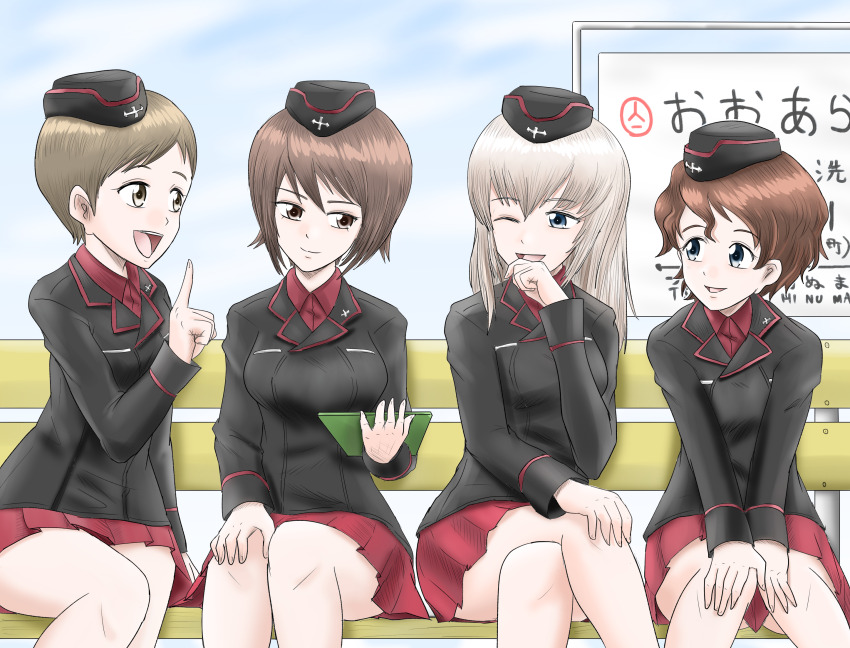 4girls akaboshi_koume black_hat black_jacket blue_eyes brown_eyes brown_hair collared_shirt commentary_request crossed_legs curly_hair garrison_cap girls_und_panzer grey_eyes grey_hair hand_on_own_knee hands_on_own_knees harukai-i hat highres holding_board itsumi_erika jacket kojima_emi kuromorimine_military_uniform long_hair miniskirt multiple_girls nishizumi_maho on_chair ooarai_(ibaraki) pointing pointing_up red_shirt red_skirt shirt short_hair sitting skirt train_station translation_request very_short_hair