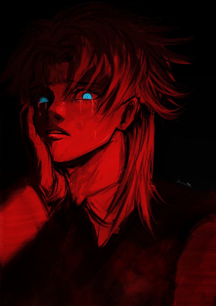 1girl absurdres blue_eyes chainsaw_man collared_shirt commentary crain1art crying crying_with_eyes_open death_devil_(chainsaw_man) english_commentary highres looking_at_viewer medium_hair messy_hair parted_lips red_theme ringed_eyes shirt solo tears