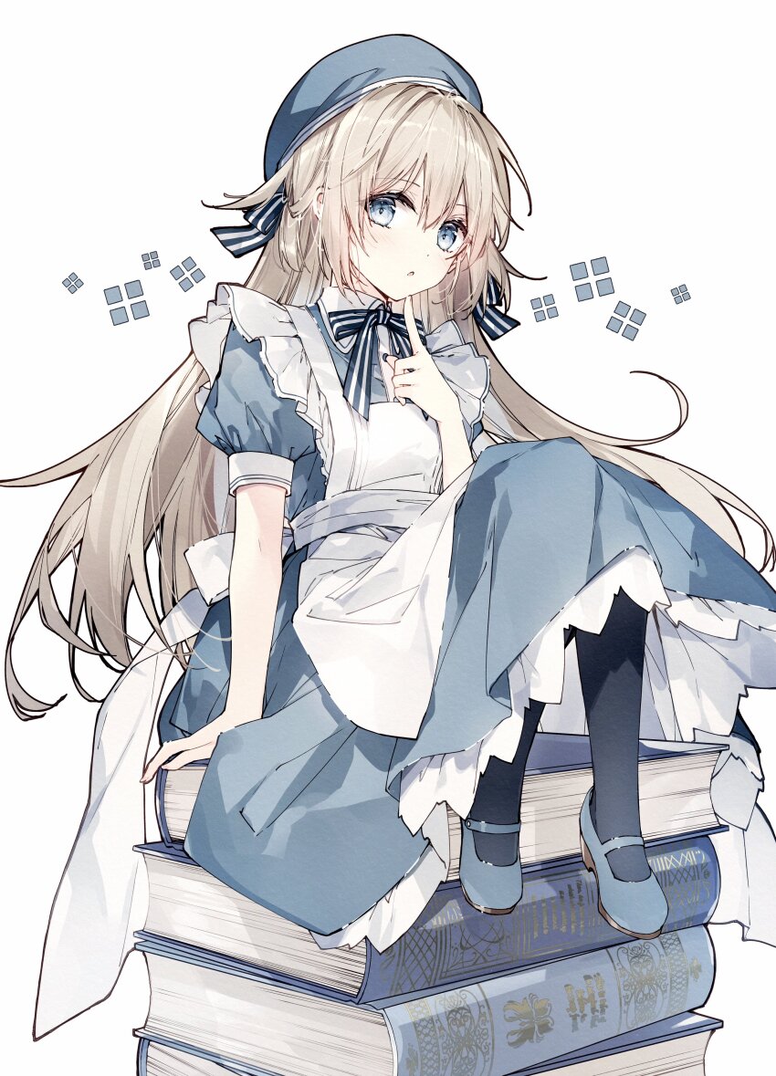 1girl :o absurdres apron beret blue_bow blue_dress blue_eyes blue_hat blue_shoes blush book book_stack bow brown_hair collared_dress commentary dress frilled_apron frills hair_between_eyes hat highres knees_up long_hair looking_at_viewer maid_apron mary_janes mini_person minigirl mochizuki_shiina original pantyhose parted_lips petticoat puffy_short_sleeves puffy_sleeves shoes short_sleeves simple_background sitting solo striped_bow symbol-only_commentary very_long_hair white_apron white_background