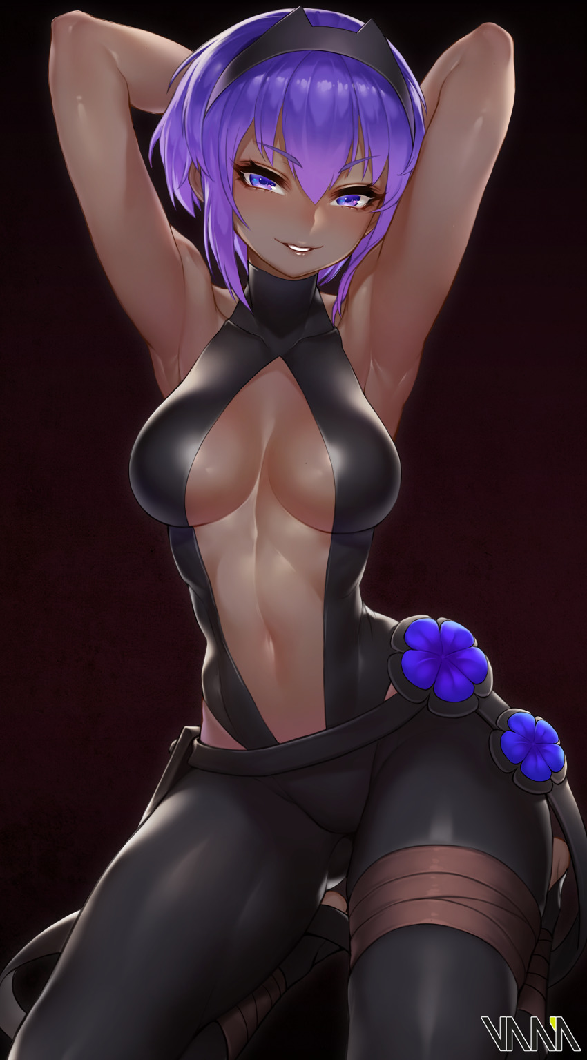 1girl absurdres armpits arms_behind_head arms_up bare_shoulders belt black_leotard blush breasts center_opening cleavage collarbone dark-skinned_female dark_skin fate/prototype fate/prototype:_fragments_of_blue_and_silver fate_(series) female_focus flower gradient_background hair_between_eyes hairband hassan_of_serenity_(fate) highres kneeling large_breasts leotard looking_at_viewer navel purple_eyes purple_hair short_hair smile solo thigh_strap thighs vana