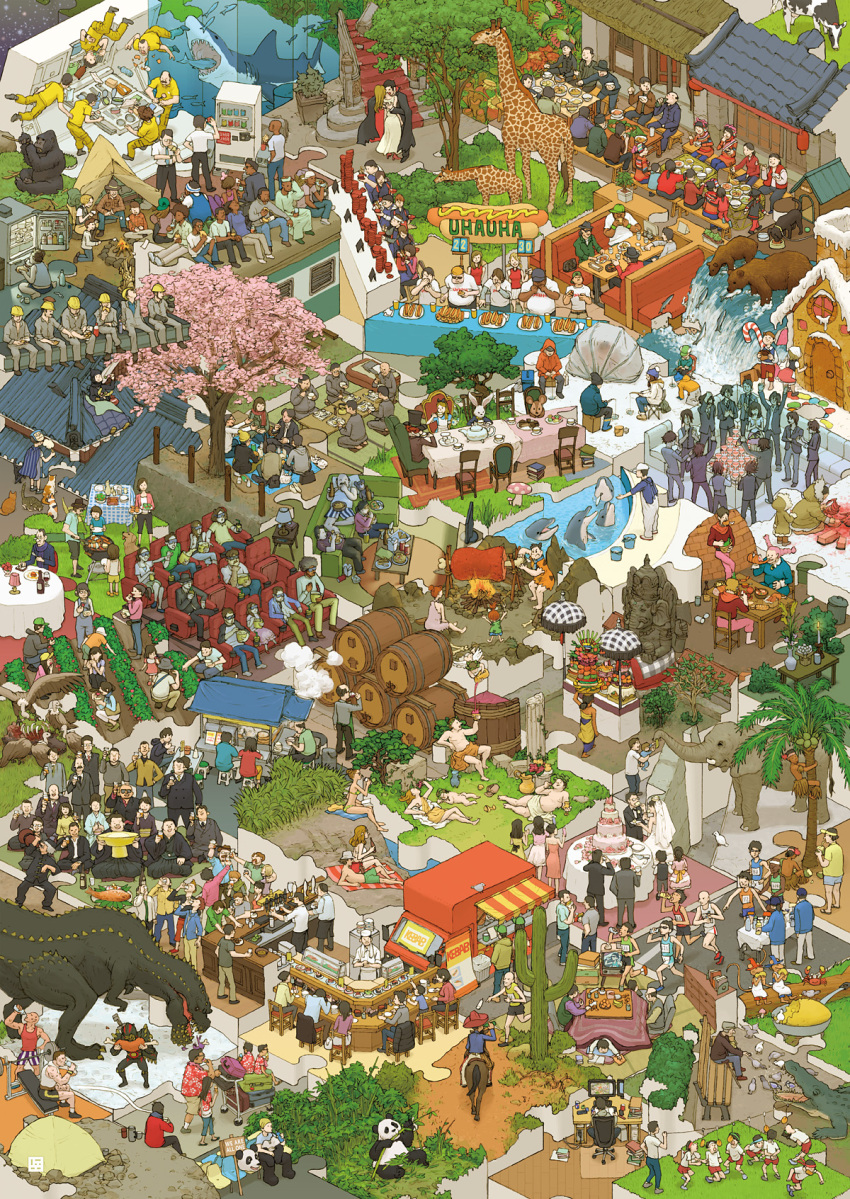 6+boys 6+girls alcohol alice_(alice_in_wonderland) alice&#039;s_adventures_in_wonderland alligator animal_costume anton_ego architecture bamboo banana bar_(place) barrel bear bench berry bikini bird boned_meat book bowl bread_eating_race cactus campfire camping candy candy_cane capcom cat chair champagne character_request cherry_blossoms cherub climbing climbing_tree coconut coconut_tree column computer construction_worker cooking copyright_request cotton_candy couch cow cowboy cowboy_western crocodilian crossover dattosan dead_animal deviljho deviljho_(armor) dinosaur dog doghouse dola_(laputa) dolphin dormouse_(wonderland) dracula drinking eating eating_contest elephant fish food food_stand fred_flintstone from_above fruit futon ganesh gingerbread_house giraffe gorilla greco-roman_architecture green_male_swimwear green_swim_trunks gretel_(hansel_and_gretel) grill grilling gym_uniform hanami hansel_(hansel_and_gretel) hansel_and_gretel hard_hat hawaiian_shirt helmet highres horse horseback_riding hot_dog ice_fishing jigsaw_puzzle kneeling kotatsu mad_hatter_(alice_in_wonderland) male_swimwear mandarin_orange march_hare_(wonderland) mascot_costume meat monster_hunter_(series) movie_theater multiple_boys multiple_girls mushroom palm_tree panda panda_costume pebbles_flintstone pet_bowl picnic pigeon pillar pizza puzzle puzzle_piece rabbit racing ratatouille refrigerator rice riding river rotisserie running salmon_(fish) seiza shark shirt sitting spacecraft stuffed_animal stuffed_toy swim_trunks swimsuit table teapot teddy_bear tenkuu_no_shiro_laputa tent the_flintstones train tree vampire vending_machine vulture wariza water waterfall weights western wilma_flintstone wine