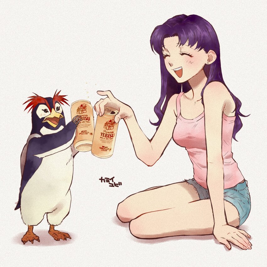 1girl ^_^ arm_support beer_can bird blue_shorts blush breasts can closed_eyes commentary_request denim denim_shorts drink_can earrings halftone highres holding holding_can jewelry katsuragi_misato long_hair medium_breasts neon_genesis_evangelion open_mouth penguin penpen purple_hair short_shorts shorts simple_background single_earring sitting smile stud_earrings tank_top white_background yebisu yokozuwari yubi_kamii