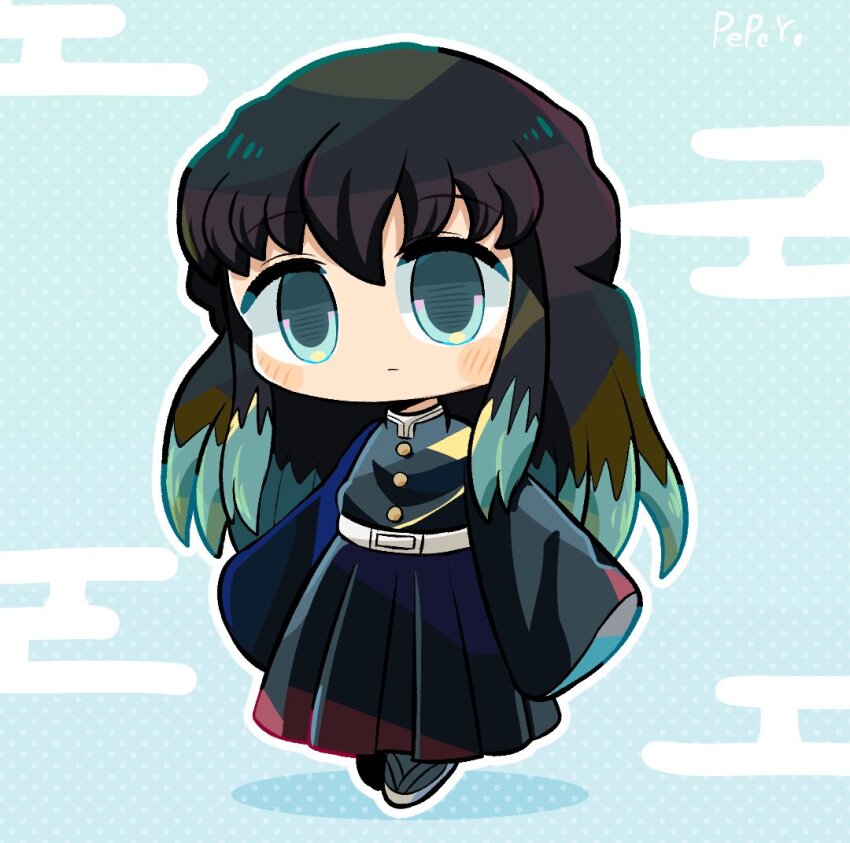 1boy androgynous aqua_hair arms_at_sides artist_name belt black_hair black_jacket black_shoes black_skirt blue_background blue_eyes chibi chibi_only closed_mouth colored_tips commentary_request egasumi empty_eyes expressionless gold_buttons hair_between_eyes jacket kimetsu_no_yaiba long_hair long_skirt long_sleeves looking_ahead male_focus multicolored_hair no_nose outline pepoyo pleated_skirt polka_dot polka_dot_background shoes simple_background skirt sleeves_past_fingers sleeves_past_wrists solo standing straight_hair tokitou_muichirou turtleneck turtleneck_jacket two-tone_background two-tone_hair very_long_hair white_background white_belt white_outline wide_sleeves