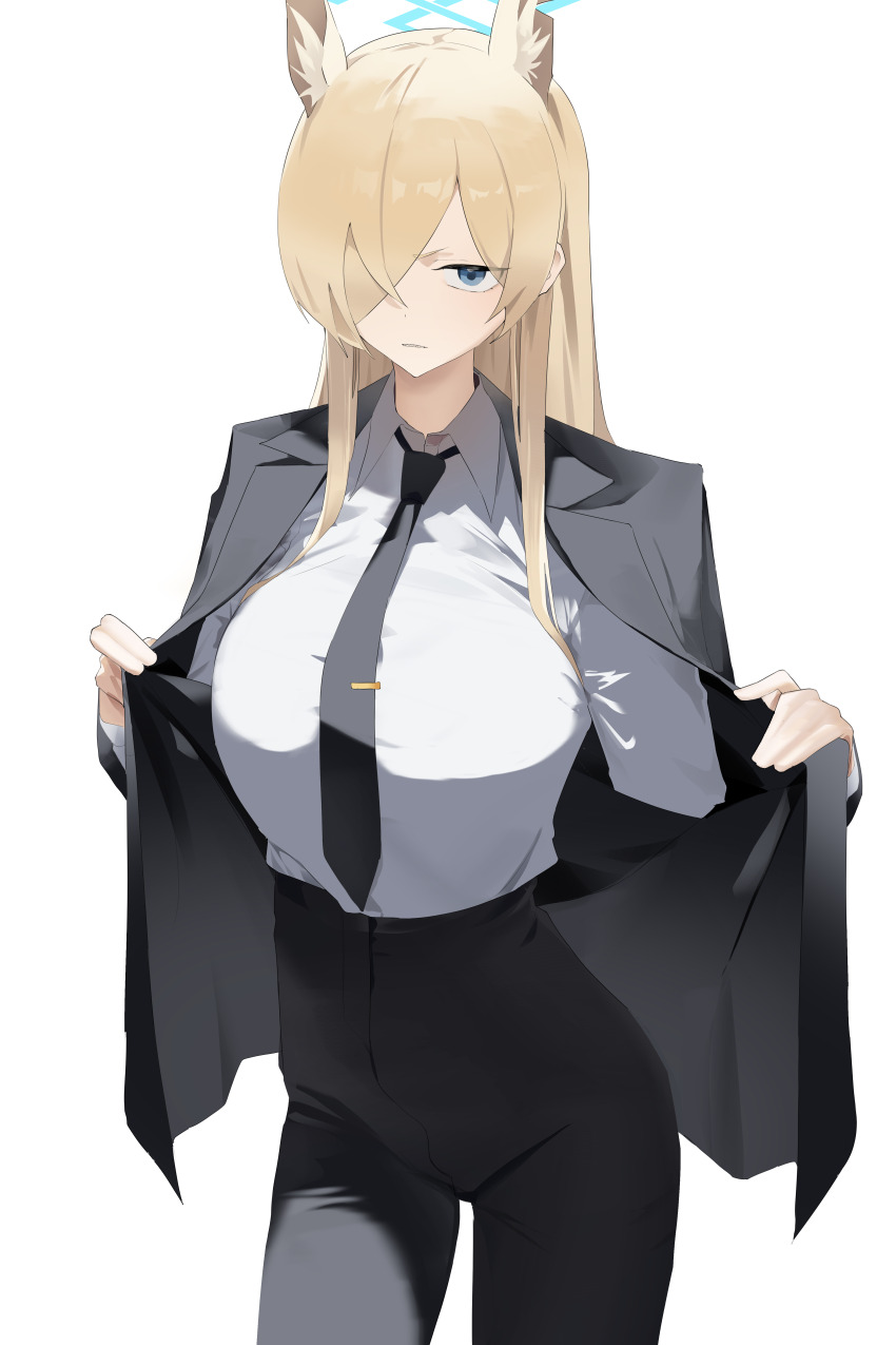 1girl absurdres alternate_costume animal_ear_fluff animal_ears black_jacket black_necktie black_pants blonde_hair blue_archive blue_eyes blush breasts closed_mouth dog_ears dog_girl hair_over_one_eye highres jacket kanna_(blue_archive) large_breasts long_hair necktie pants shirt sidelocks solo tight_clothes tight_pants toriko_(honmono) white_shirt