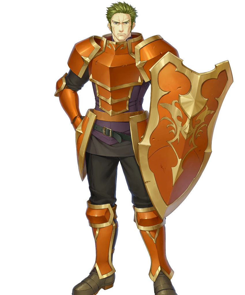 1boy armor cheekbones fire_emblem fire_emblem:_the_blazing_blade fire_emblem_heroes full_body green_eyes green_hair highres holding holding_shield looking_at_viewer male_focus mature_male nintendo official_art orange_armor oswin_(fire_emblem) shibayama_wankuro shield short_hair sideburns solo standing third-party_source transparent_background