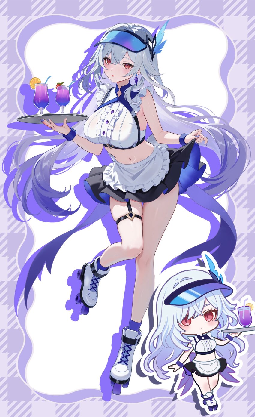 1girl absurdres alternate_costume apron black_skirt breasts center_frills chibi chibi_inset colored_tips commentary_request crop_top drop_shadow frills genshin_impact glass highres holding holding_tray large_breasts long_hair looking_at_viewer midriff multicolored_hair nail_polish navel open_mouth purple_nails red_eyes roller_skates rrr_gns_(riuriu_1212) shirt skates skirk_(genshin_impact) skirt skirt_hold stomach tray visor_cap waist_apron white_hair white_shirt wristband