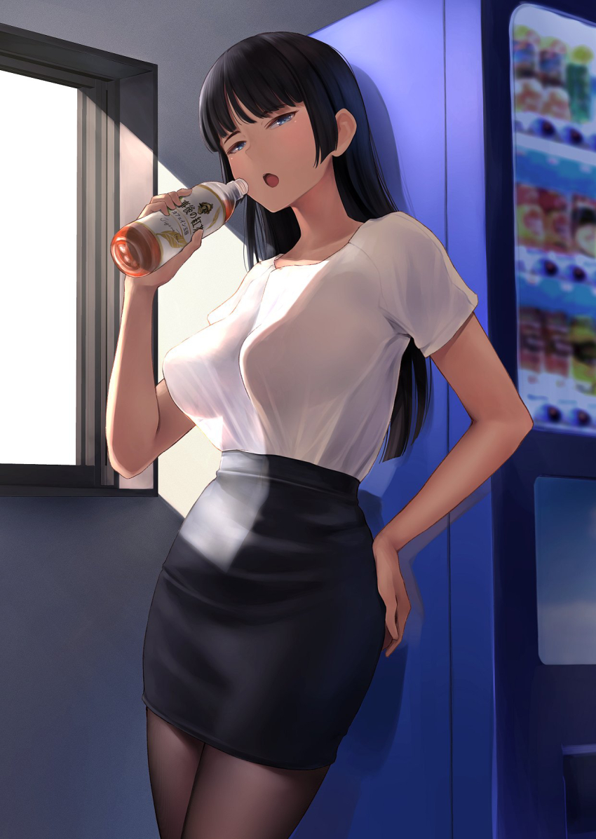 1girl black_skirt blue_eyes bottle breasts brown_hair brown_pantyhose commentary_request fine_fabric_emphasis highres large_breasts long_hair looking_at_viewer no_bra open_mouth original pantyhose pencil_skirt see-through_silhouette shirt short_sleeves skirt solo standing thighs vending_machine wa_(genryusui) white_shirt