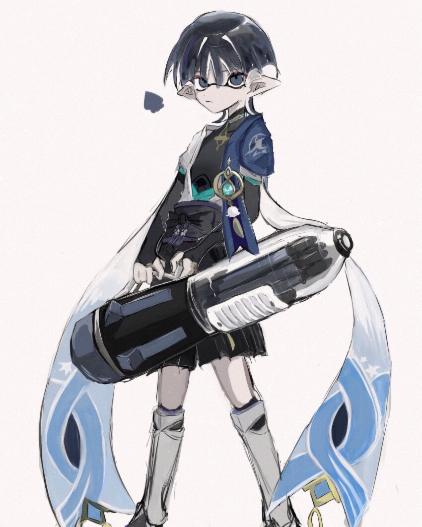 1boy alternate_costume alternate_species ballpoint_splatling_(splatoon) bishounen black_eyes black_hair commentary_request genshin_impact highres holding holding_weapon inkling male_focus nintendo pointy_ears scaramouche_(genshin_impact) short_hair shorts simple_background solo splatoon_(series) vision_(genshin_impact) weapon white_background yata_gsss