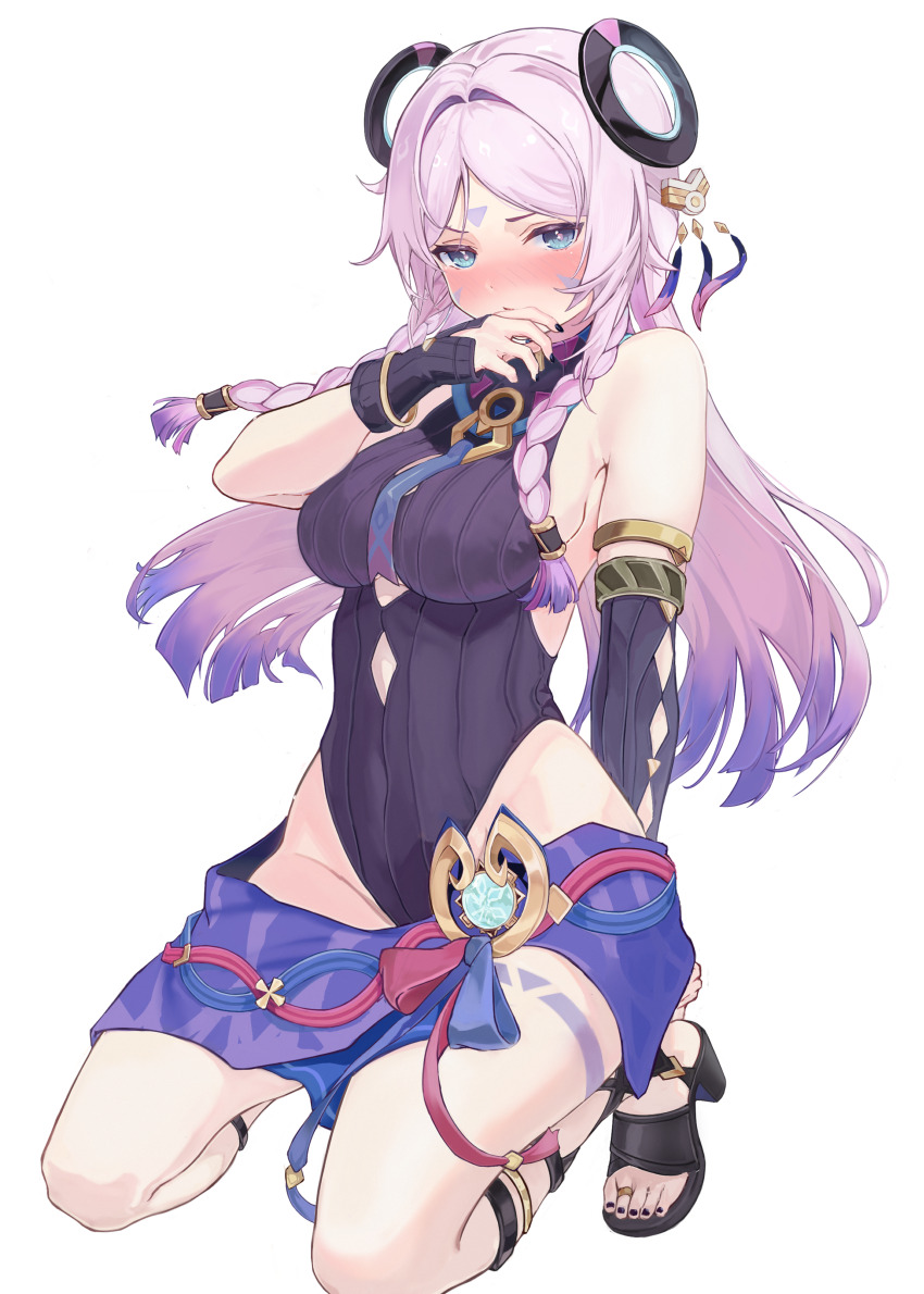 1girl absurdres aqua_eyes armlet asymmetrical_sleeves bare_shoulders black_sandals blush bracelet breasts citlali_(genshin_impact) closed_mouth detached_sleeves facial_mark feathers fingernails floating_headgear forehead_mark genshin_impact groin hair_intakes headgear high_heel_sandals highres jewelry kneeling kuki1628 large_breasts leotard long_hair looking_at_viewer nail_polish necktie pink_feathers pink_hair pink_pupils purple_feathers purple_leotard purple_necktie purple_skirt purple_sleeves ribbed_leotard ribbed_sleeves ring_hair_ornament sandals simple_background skirt solo thighs toe_ring toenail_polish toenails toes triangle triangle_facial_mark uneven_sleeves white_background