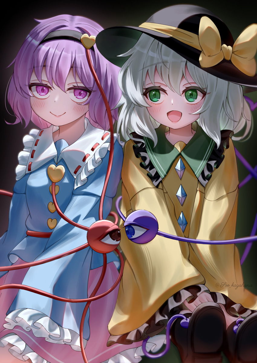 2girls absurdres black_hairband black_hat blue_shirt blush boots bow buttons closed_mouth collared_shirt commentary_request contrast_collar diamond_button eyeball frilled_shirt_collar frilled_skirt frilled_sleeves frills green_eyes green_hair hair_ornament hairband hat hat_bow heart heart_button heart_hair_ornament highres komeiji_koishi komeiji_satori long_sleeves looking_at_another looking_at_viewer multiple_girls open_mouth pink_eyes pink_hair pink_skirt ribbon-trimmed_collar ribbon_trim shirt siblings sisters skirt smile soo_kazahana third_eye touhou twitter_username wide_sleeves yellow_bow yellow_shirt