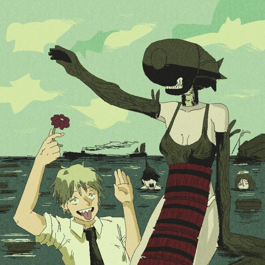 1girl 3boys album_cover_redraw angel_devil_(chainsaw_man) arm_up beam_(chainsaw_man) black_hair black_necktie blonde_hair bomb bomb_devil_(chainsaw_man) brown_hair chainsaw_man collared_shirt denji_(chainsaw_man) derivative_work dynamite elbow_gloves explosive gloves halo highres hybrid in_the_aeroplane_over_the_sea looking_at_another multiple_boys necktie partially_submerged pelvic_curtain psicochurroz reze_(chainsaw_man) shark_boy sharp_teeth shirt short_hair sleeves_rolled_up teeth tongue tongue_out water white_shirt