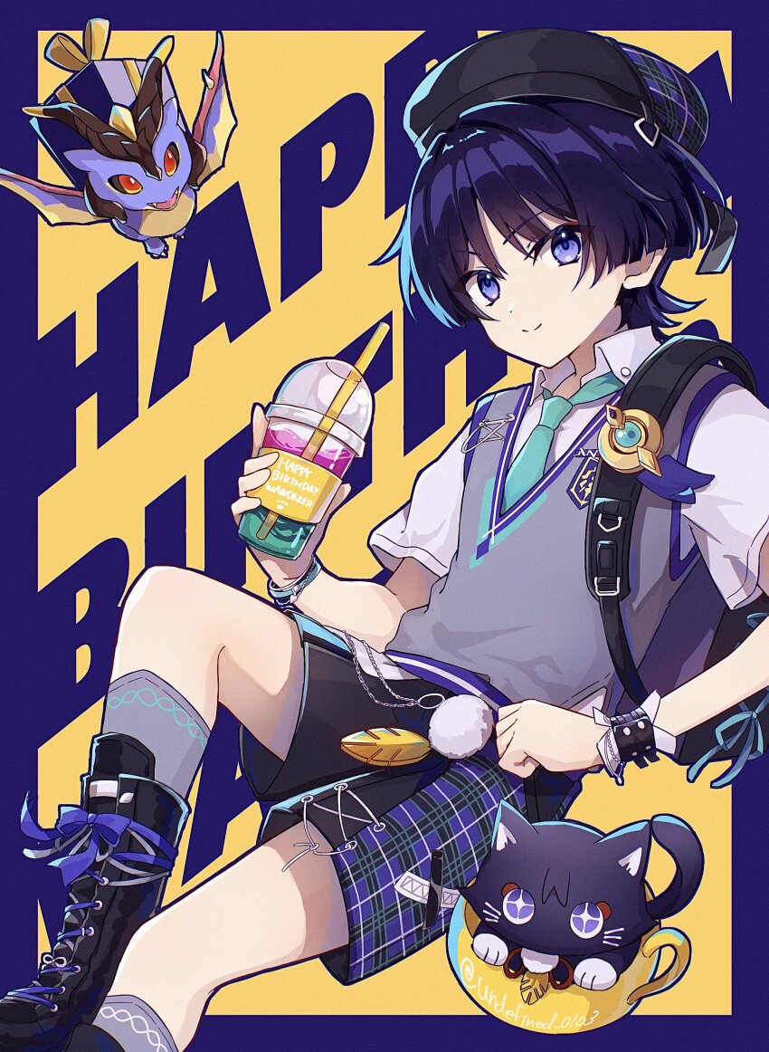 1boy absurdres alternate_costume animalization aqua_necktie backpack bag beret black_bag black_footwear black_hat black_shorts blue_gemstone blunt_ends boots border bow box closed_mouth coffee collared_shirt cross-laced_footwear cup disposable_cup dragon drinking_straw eyeliner eyeshadow feathers gem genshin_impact gift gift_box gold grey_socks grey_sweater_vest hair_intakes happy_birthday hat highres holding holding_cup iced_coffee makeup male_focus mini_durin_(genshin_impact) necktie official_alternate_costume person_and_animalization plaid_clothes pom_pom_(clothes) purple_border purple_bow purple_cat purple_eyes purple_hair red_eyeliner red_eyeshadow scaramouche_(cat)_(genshin_impact) scaramouche_(genshin_impact) shirt short_sleeves shorts small_dragon smile socks split sweater_vest teacup three_quarter_view tm-pika vision_(genshin_impact) wanderer_(genshin_impact) wanderer_(mega_mgc_coffee)_(genshin_impact) white_shirt white_sleeves white_undershirt wrist_cuffs wristband yellow_background yellow_feathers